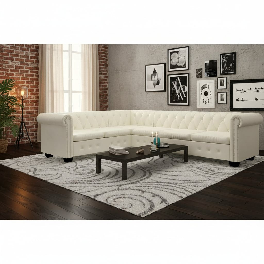 Canapé d'Angle Chesterfield en Similicuir Blanc