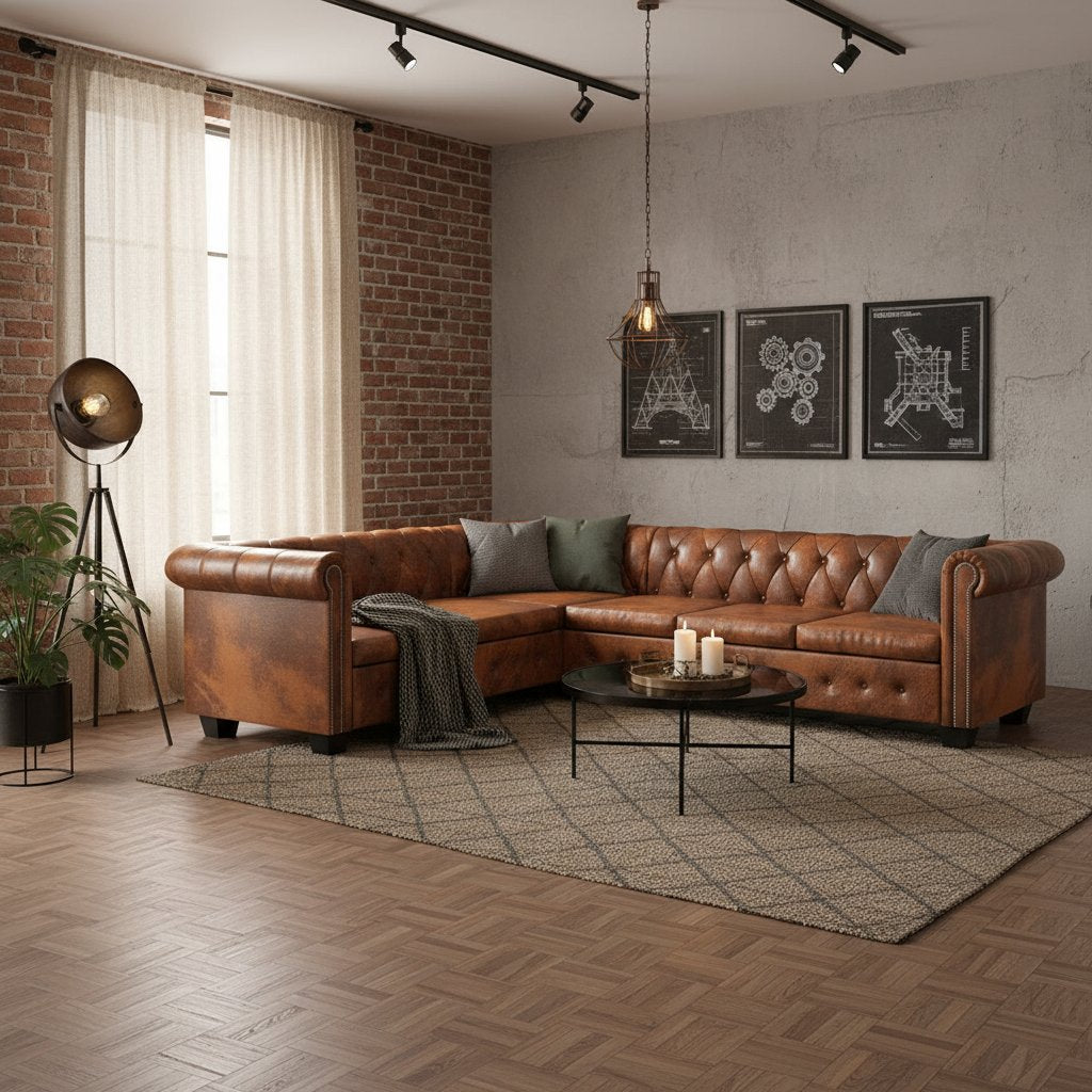 Canapé d'angle Chesterfield 6 Places en Cuir