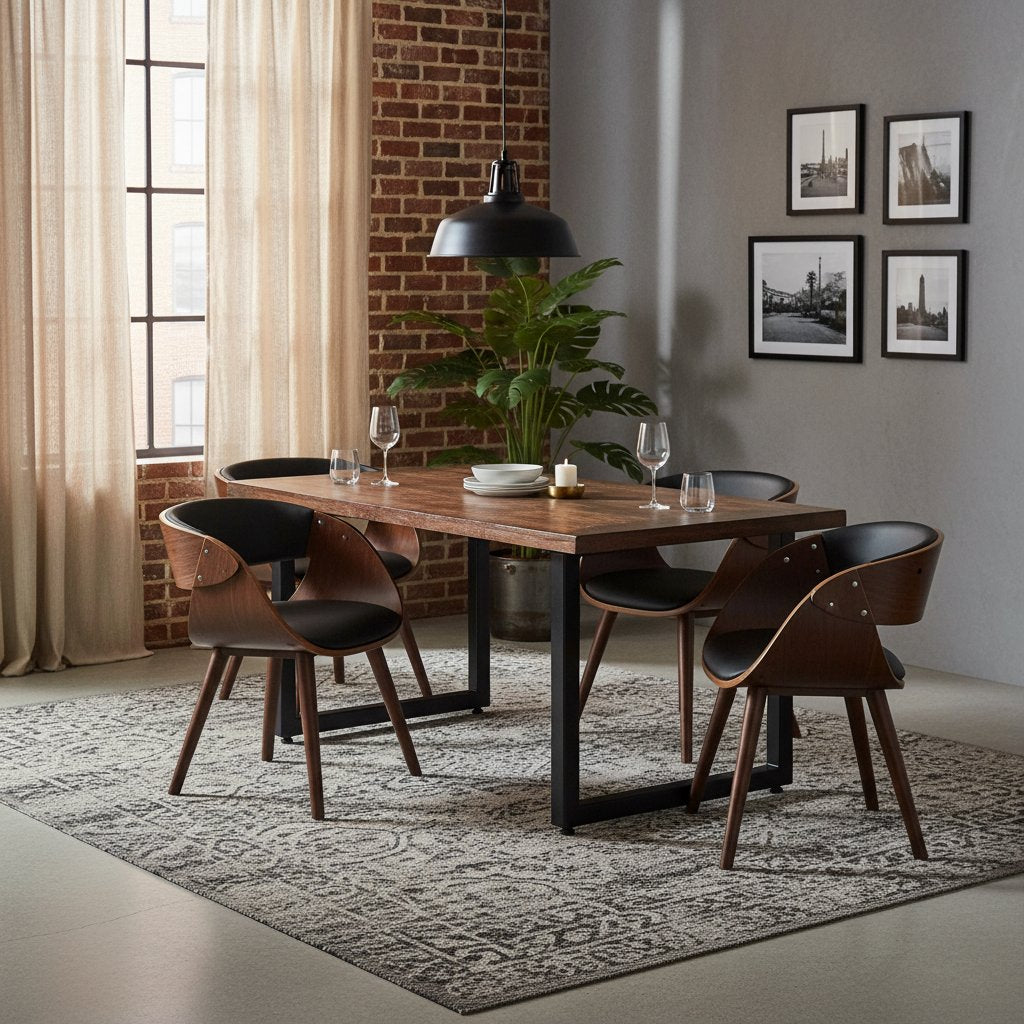 Chaise Industrielle en Bois et Cuir Noir