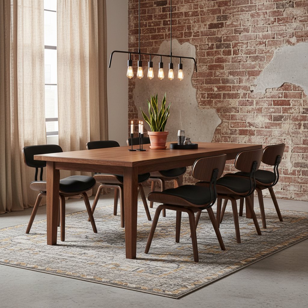 Chaise Industrielle en Cuir Noir et Bois Courbé