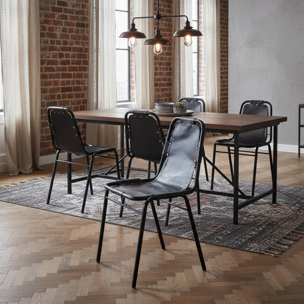 Chaise Industrielle en Métal et Cuir Vintage Noir