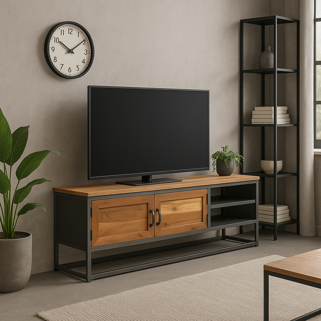 Meuble TV en teck recyclé et métal industriel