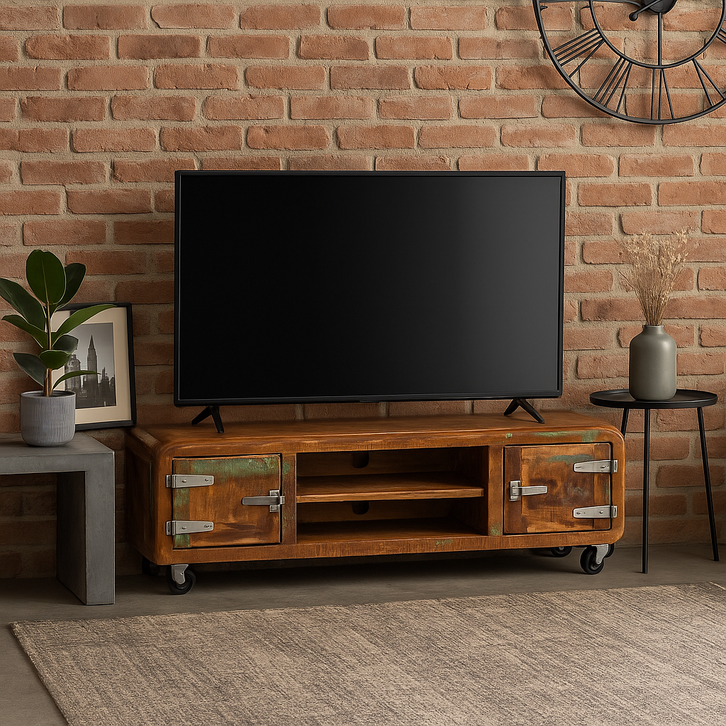 Meuble TV Industriel avec Roulettes en Bois Massif