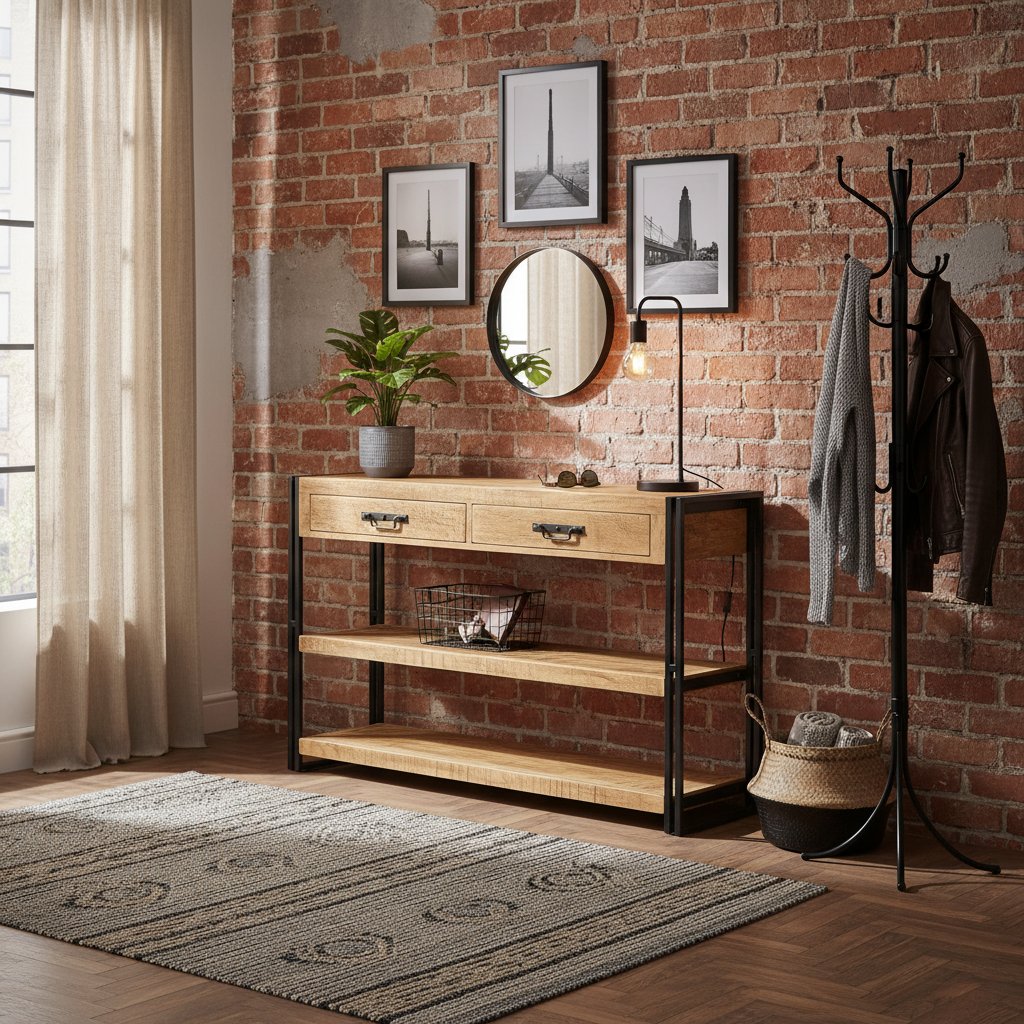 Console Élégante en Bois Clair avec Tiroirs