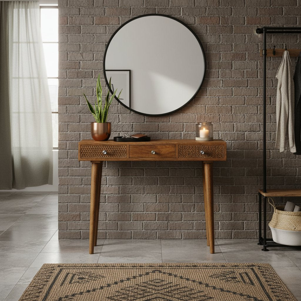 Console Élégante en Bois Foncé et Sculptures Artisanales