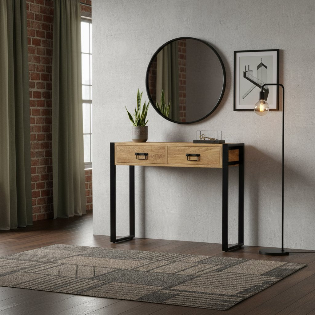 Console Industrielle en Bois de Manguier avec Tiroirs