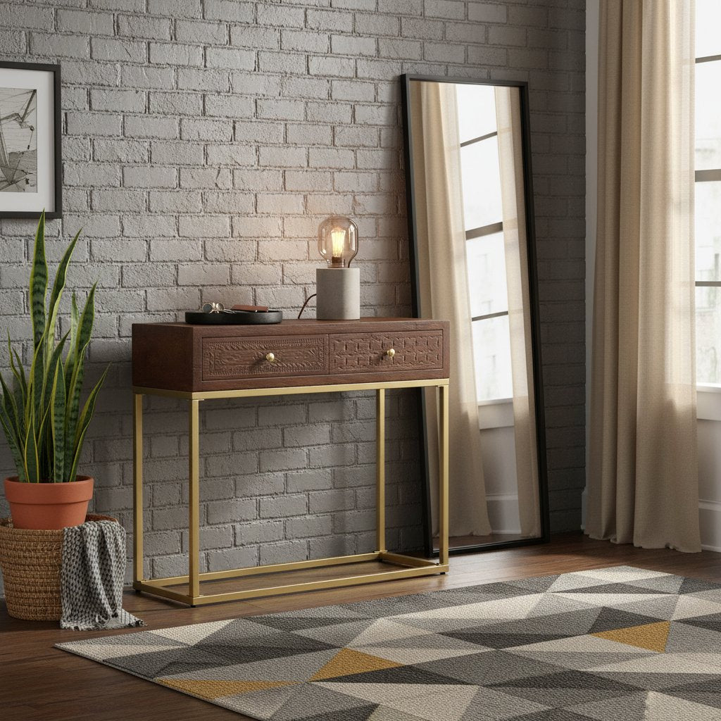 Console en Bois Massif avec Tiroirs Vintage