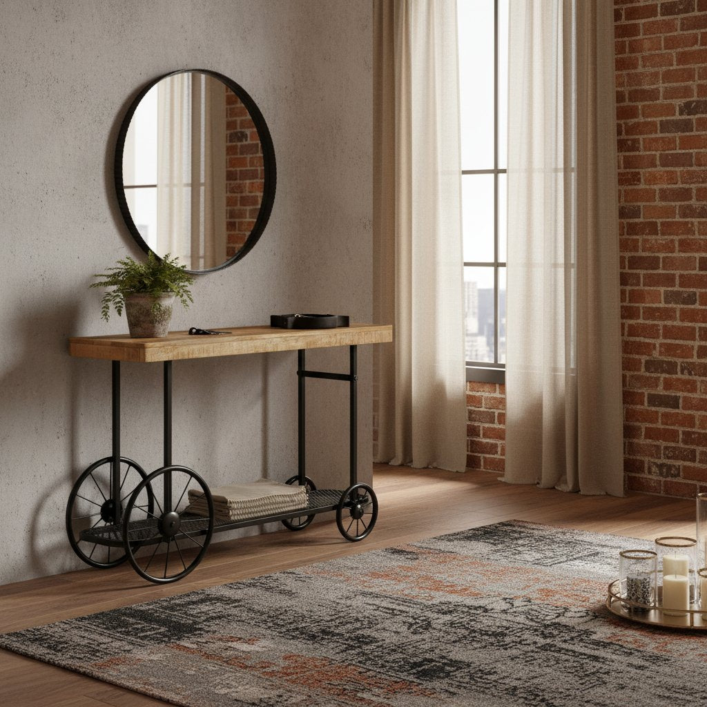 Console en Bois de Manguier et Fer avec Roulettes