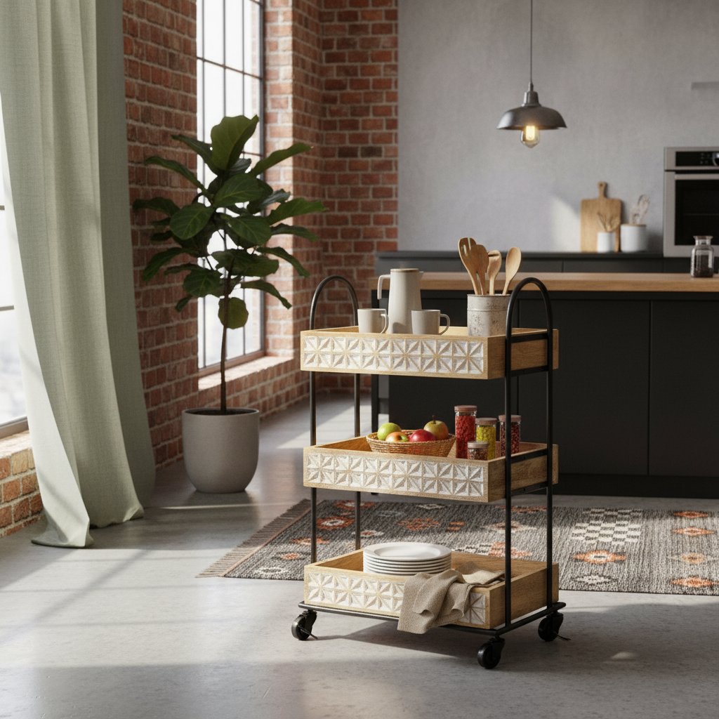 Desserte Industrielle Vintage en Bois de Manguier