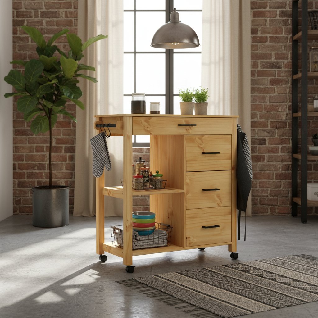 Desserte en Bois de Pin sur Roulettes