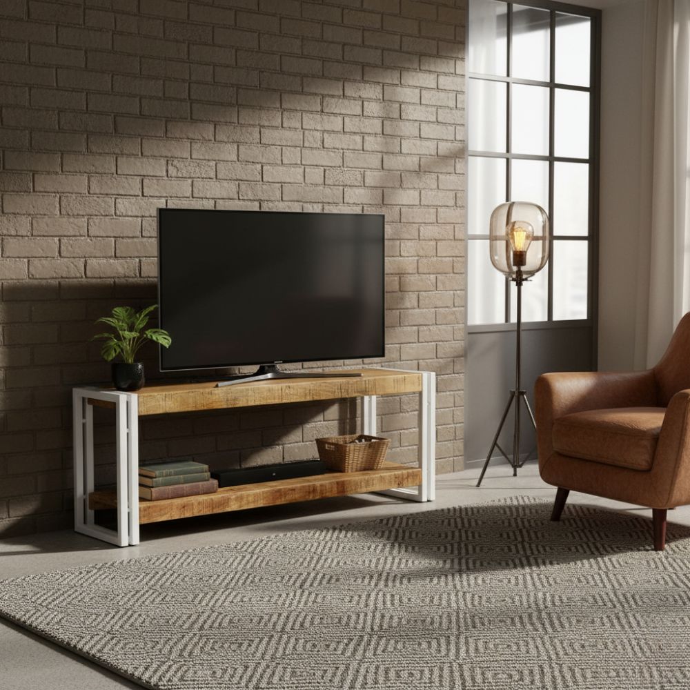 Meuble TV en Bois de Manguier et Blanc