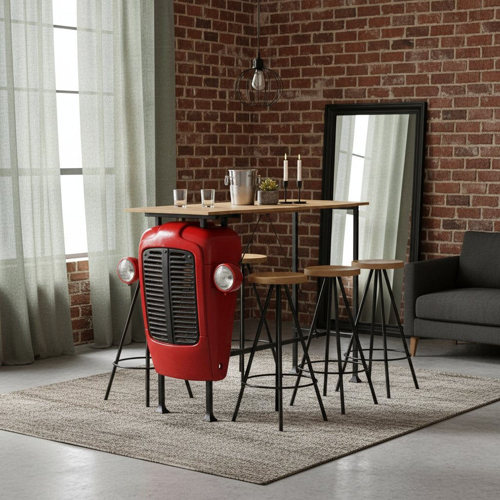 Ensemble Table de Bar et Tabouret en Bois et Métal