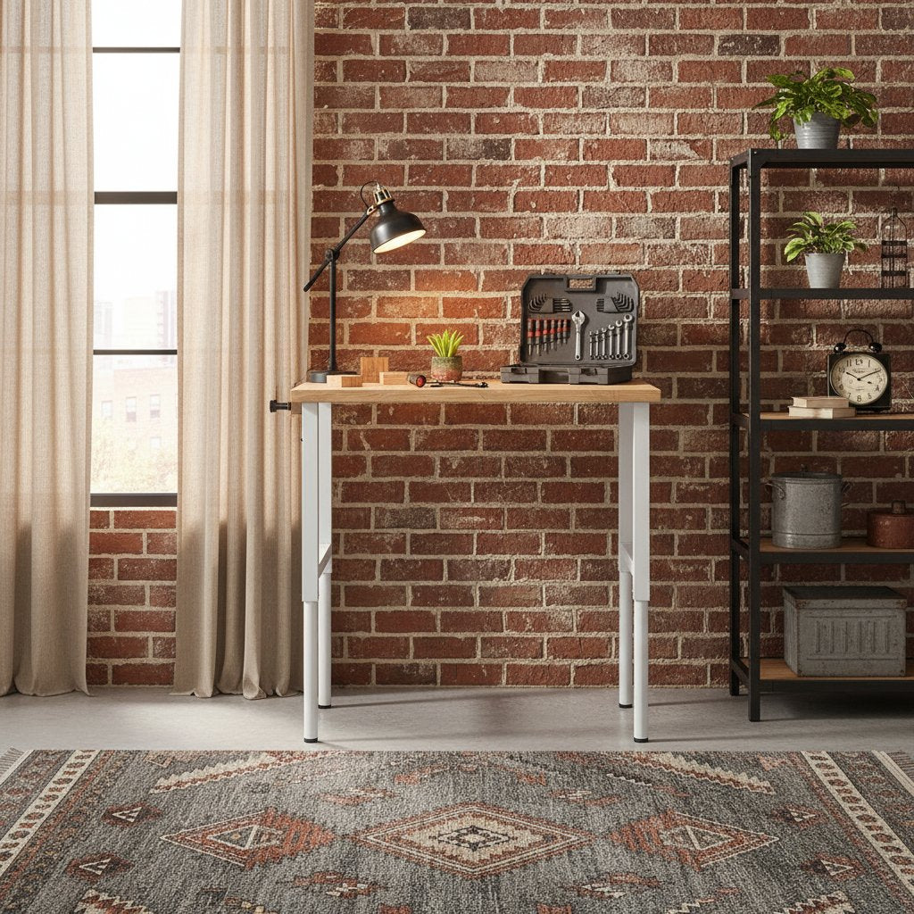 Établi Industriel en Bois de Chêne et Métal Gris