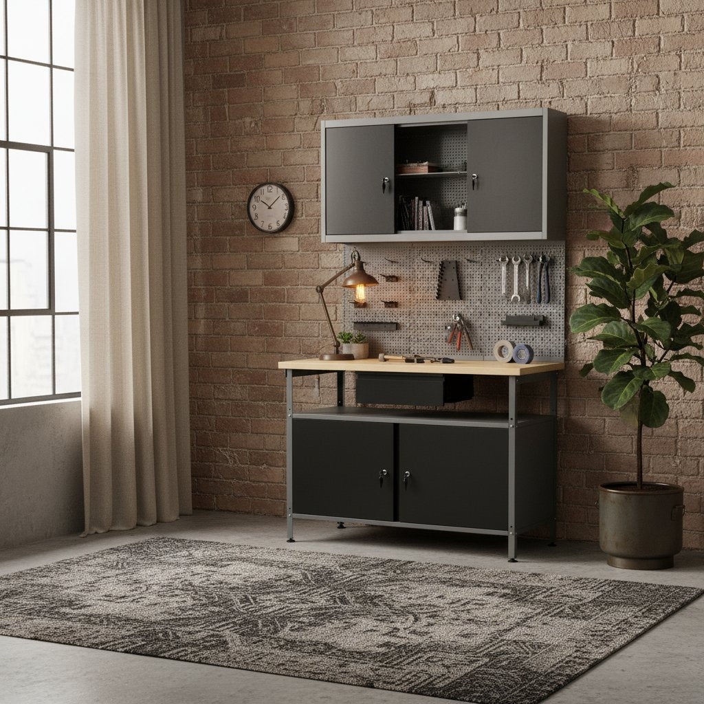 Établi avec Panneaux Muraux en Bois et Métal