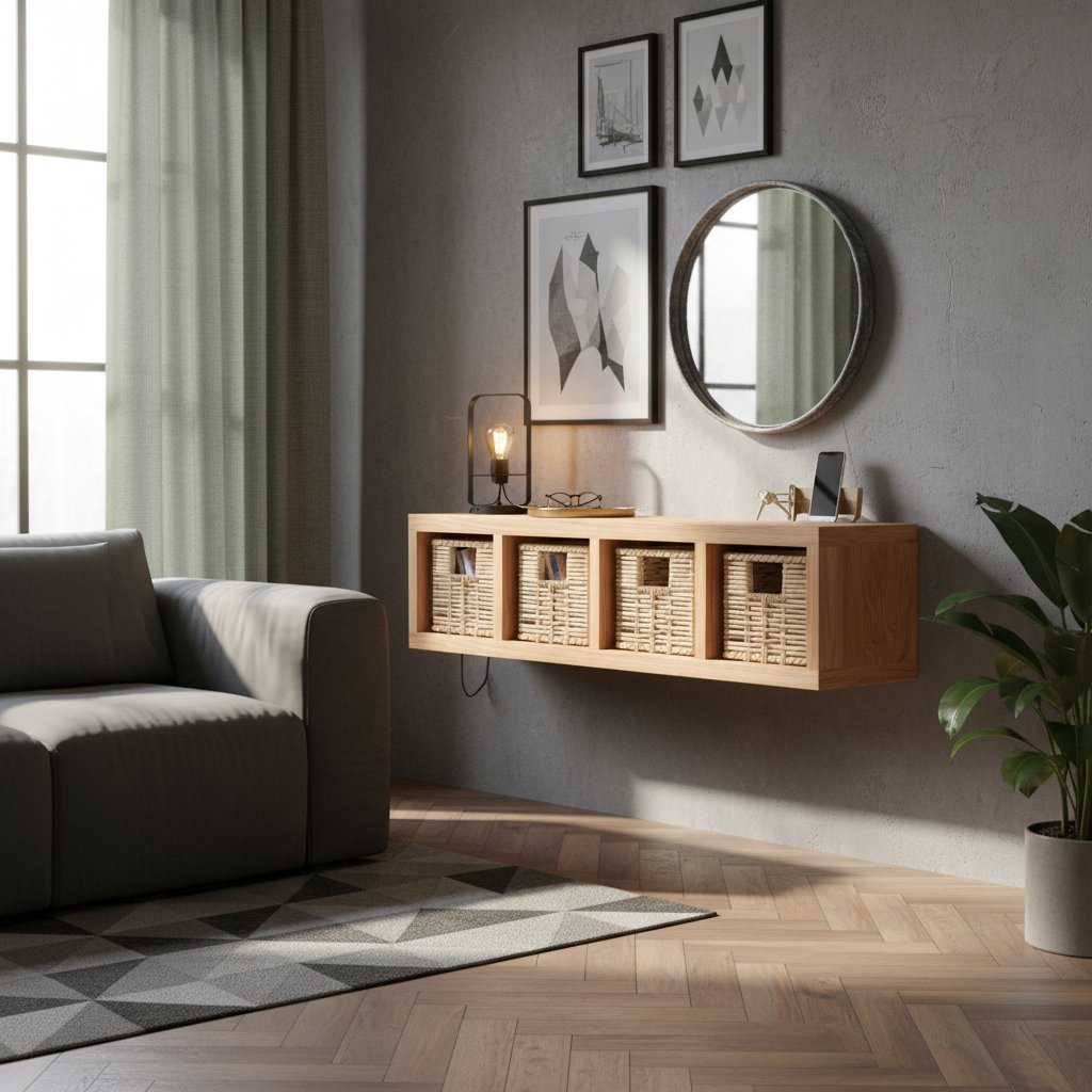 Étagère Murale en Bois de Noyer avec Paniers