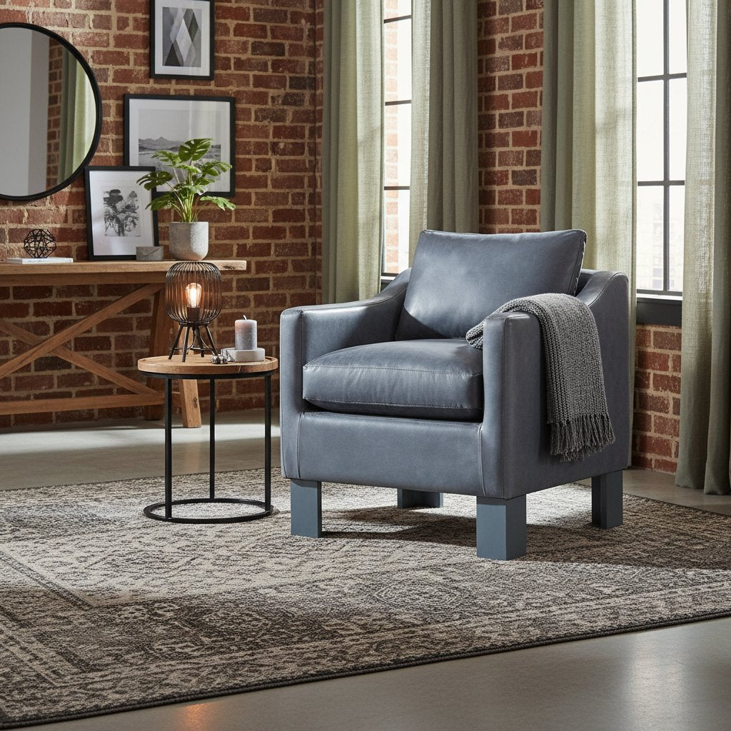 Fauteuil Cabriolet en Cuir Gris et Bois de Manguier