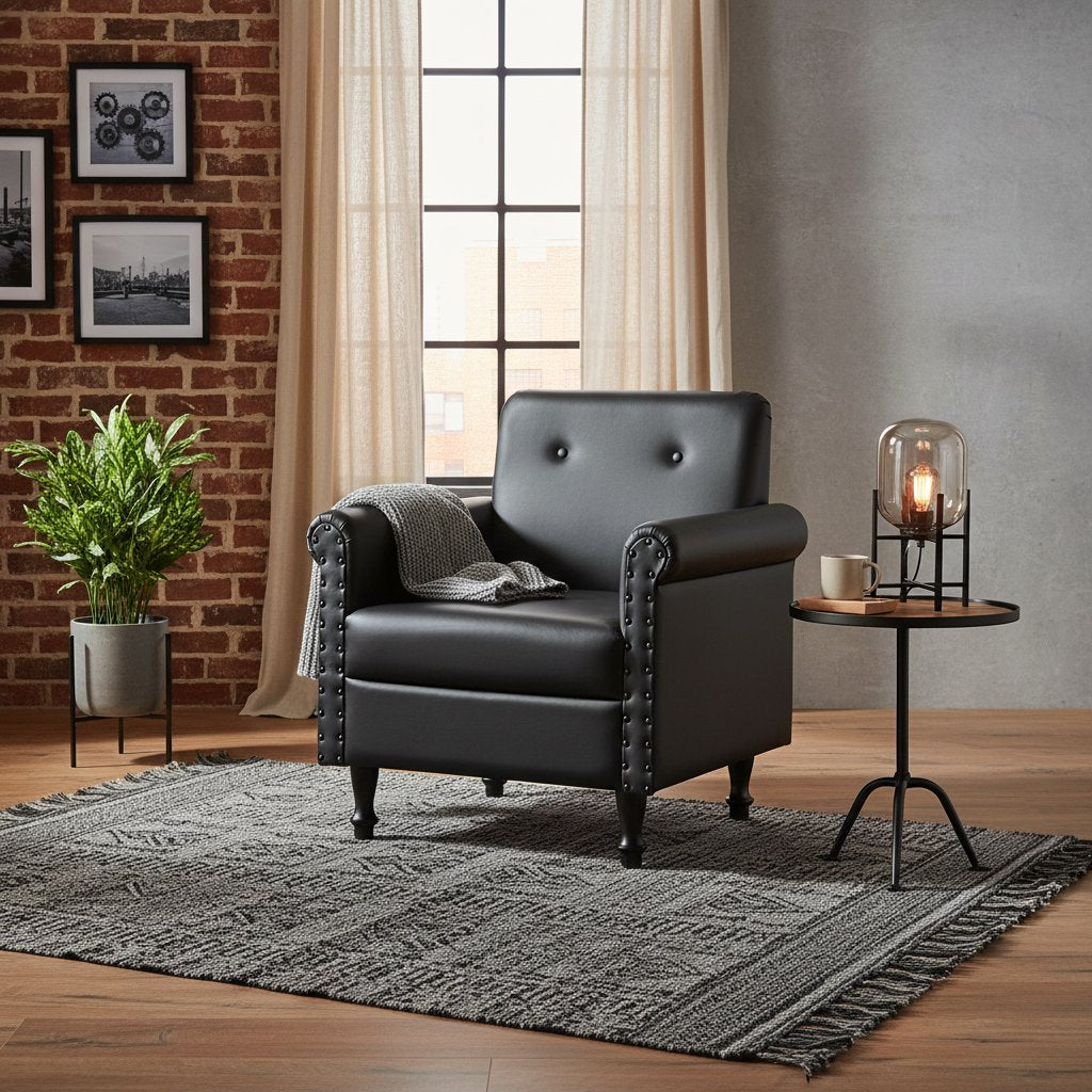 Fauteuil Relax en Cuir Noir Style Industriel
