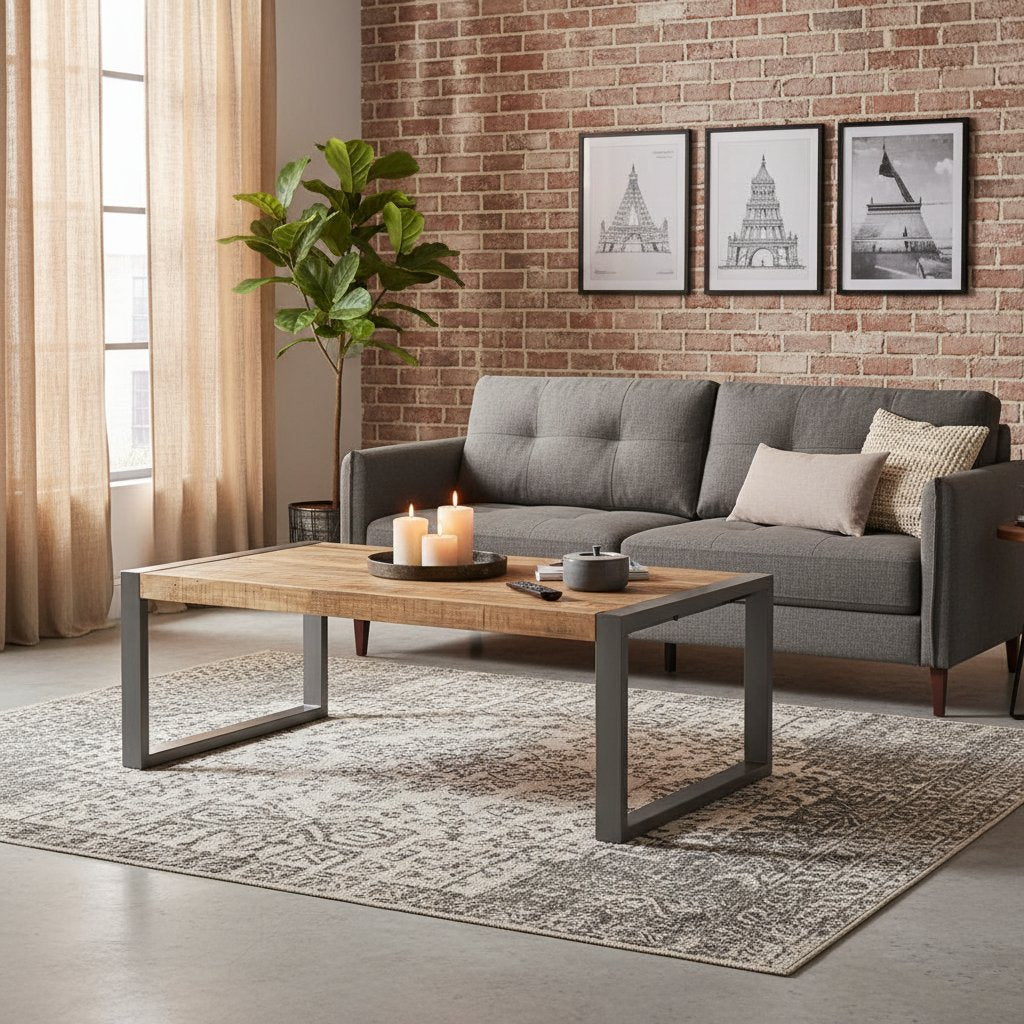 Grande Table Basse en Bois et Acier Industriel