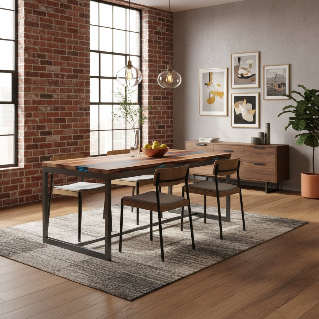 Grande Table à Manger Industrielle en Bois et Acier