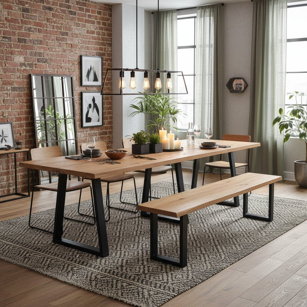 Grande Table à Manger Industrielle en Bois et Métal Noir