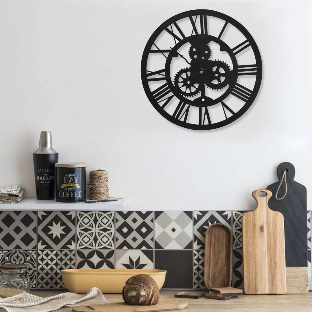 Horloge Murale Industrielle avec Engrenages-Noir-La-Fabrique-Industrielle