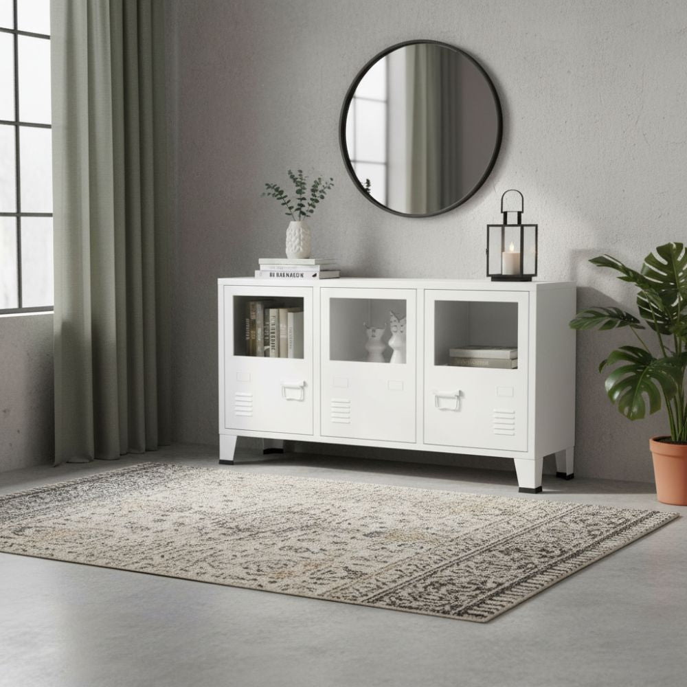 Buffet Industriel en Métal Blanc avec Portes Vitrées