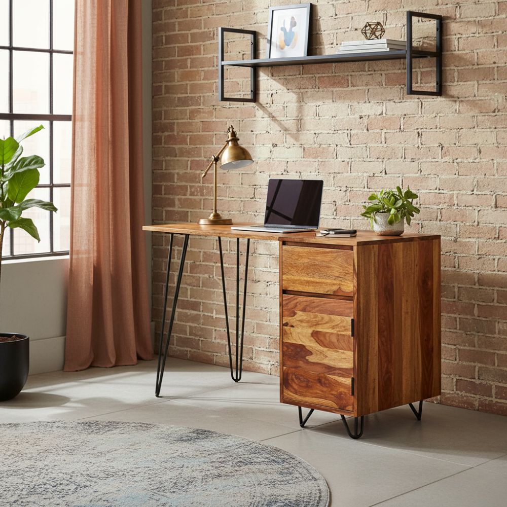 Bureau Élégant en Métal Noir et Bois Massif