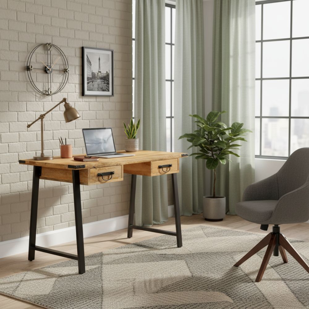 Bureau Type Industriel en Bois de Manguier et Fer