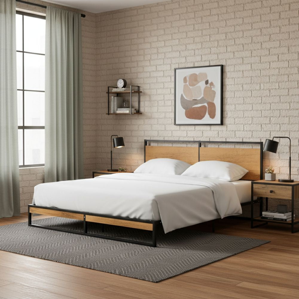 Cadre de Lit en Métal et Bois Industriel