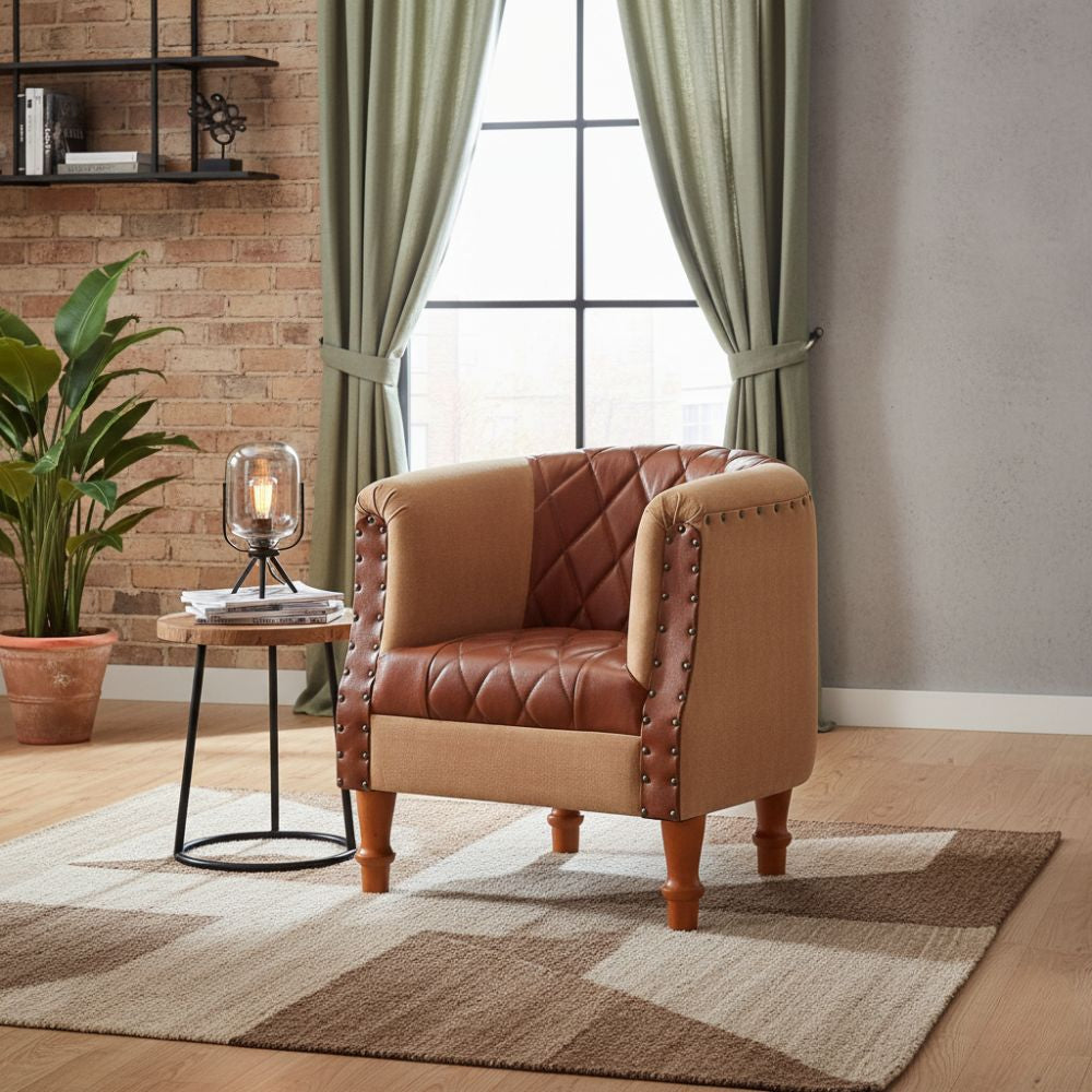 Chaise Cabriolet en Cuir Marron et Bois de Manguier