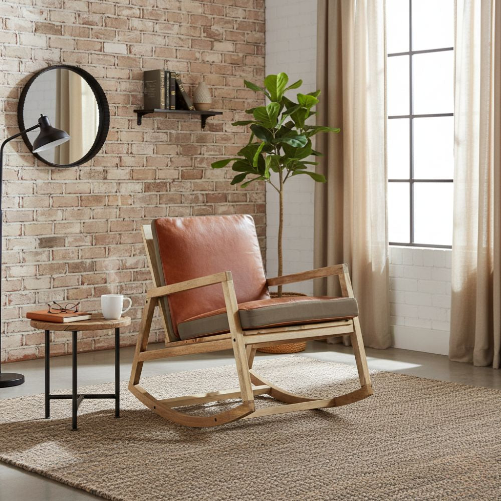 Chaise à Bascule en Bois et Cuir Véritable