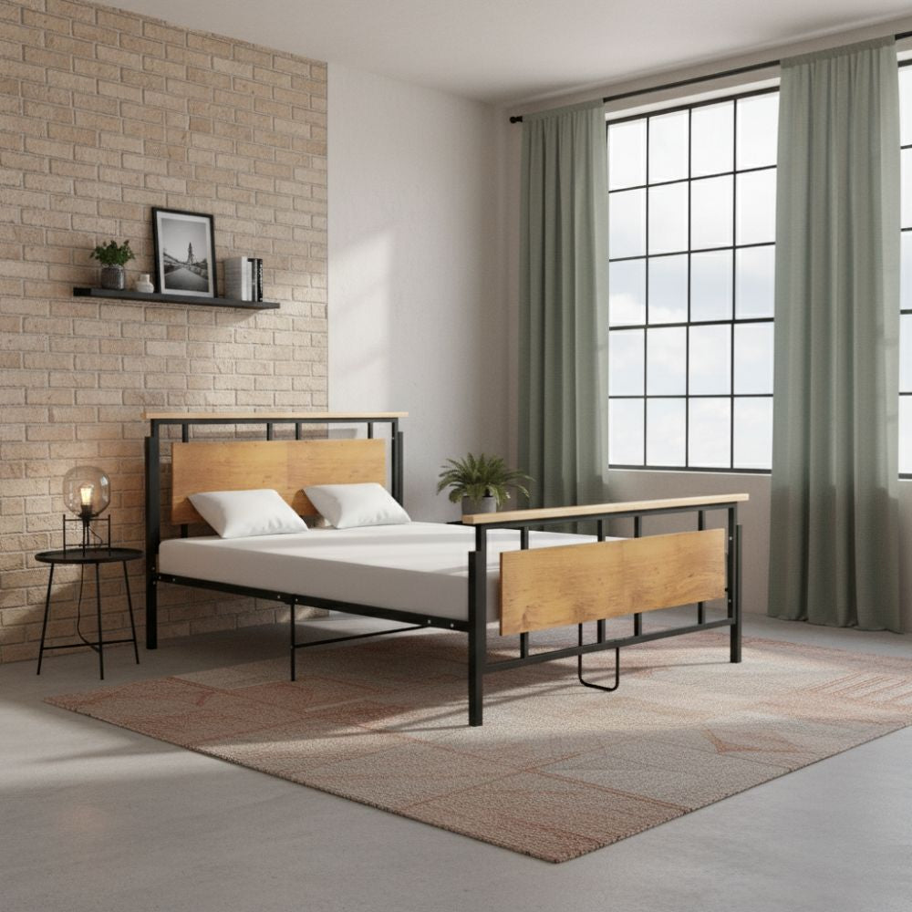 Lit Double au Style Industriel en Métal et Bois