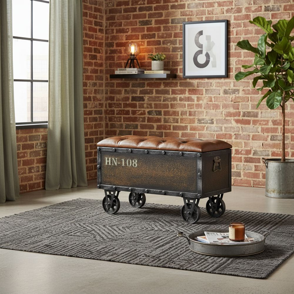 Banc Coffre Industriel en Bois Massif et Similicuir