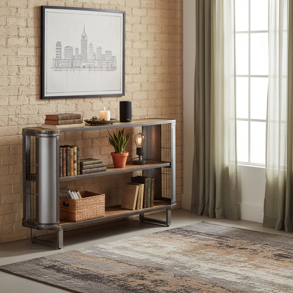 Bibliothèque Industrielle en Bois et Acier Vintage