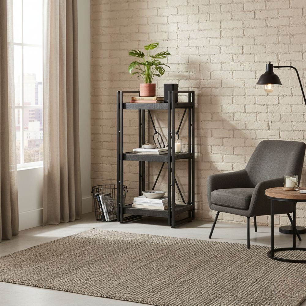 Bibliothèque Industrielle en Bois et Métal Noir