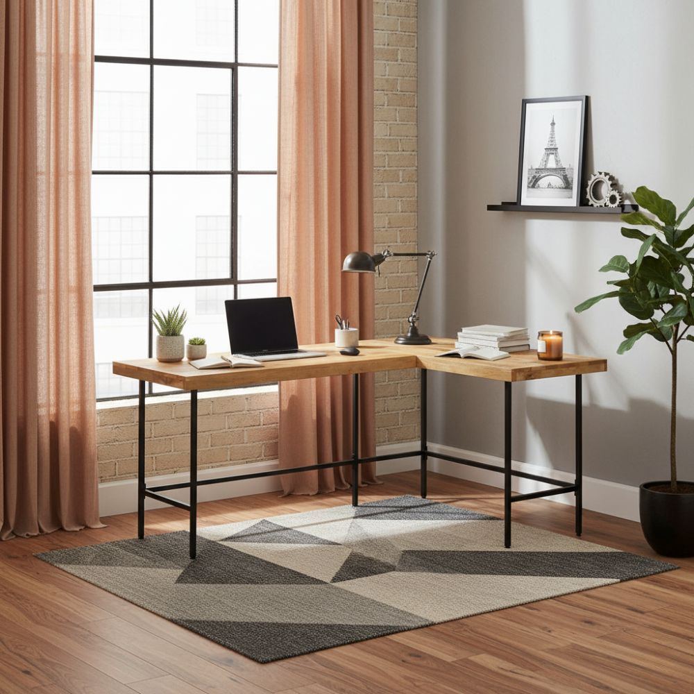 Bureau Industriel d'Angle en Bois de Manguier et Fer