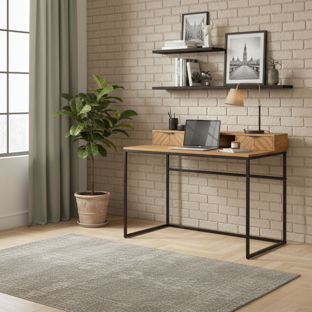 Bureau Style Industriel en Métal et Bois Massif