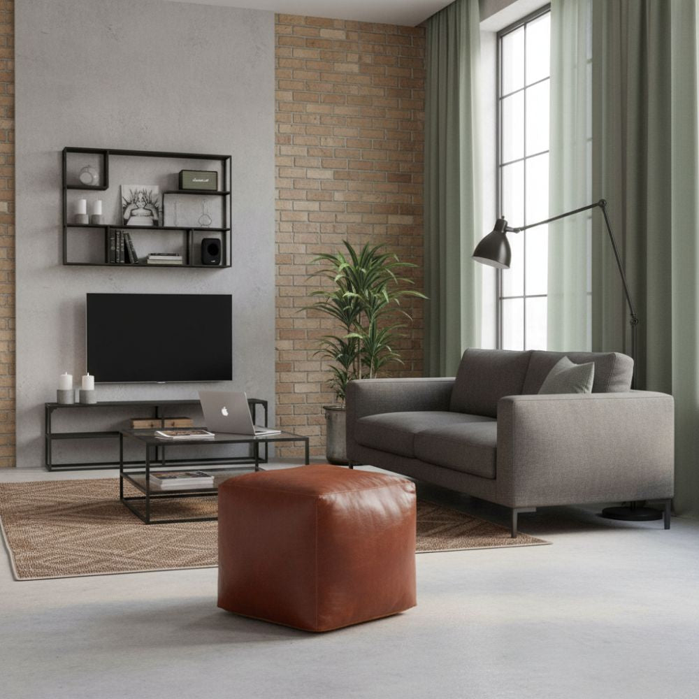 Pouf de Salon en Cuir Industriel