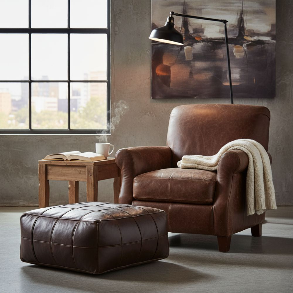 Pouf en Cuir Industriel Marron Foncé