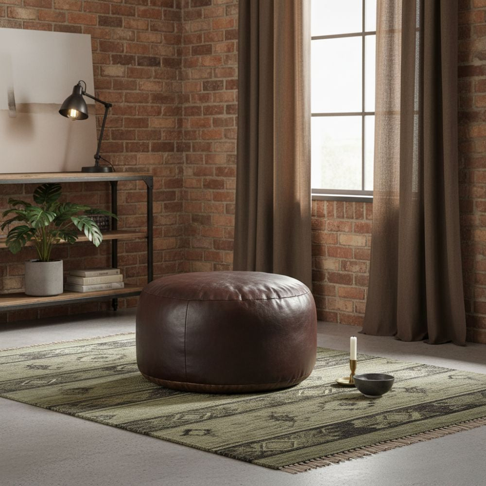 Pouf en Cuir Véritable de Chèvre Marron