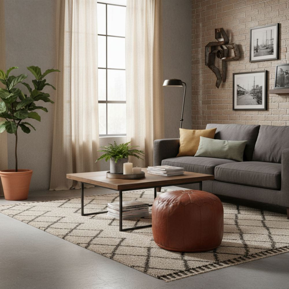 Pouf en Cuir et Coton Style Industriel