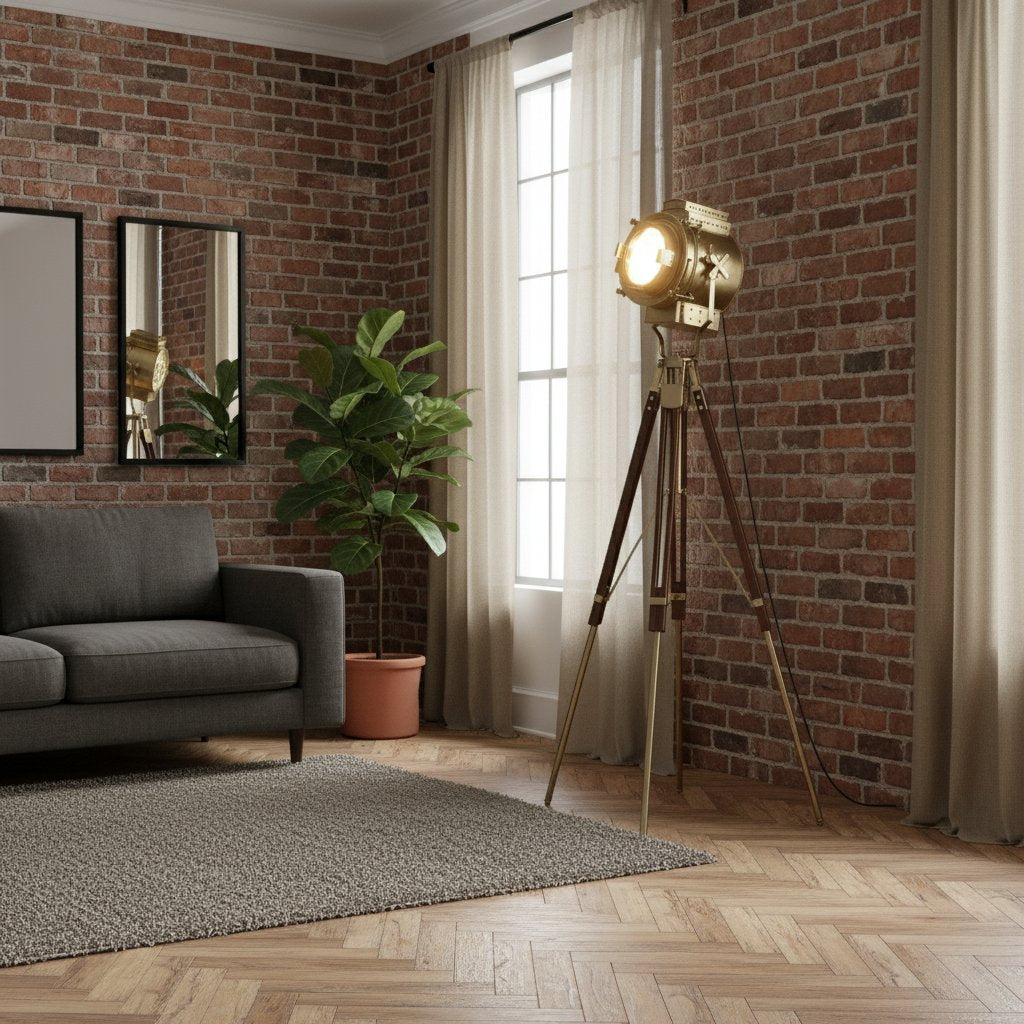 Lampadaire Industriel Ancien en Bois de Manguier