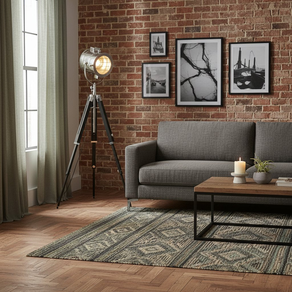 Lampadaire Industriel en Bois de Manguier et Métal