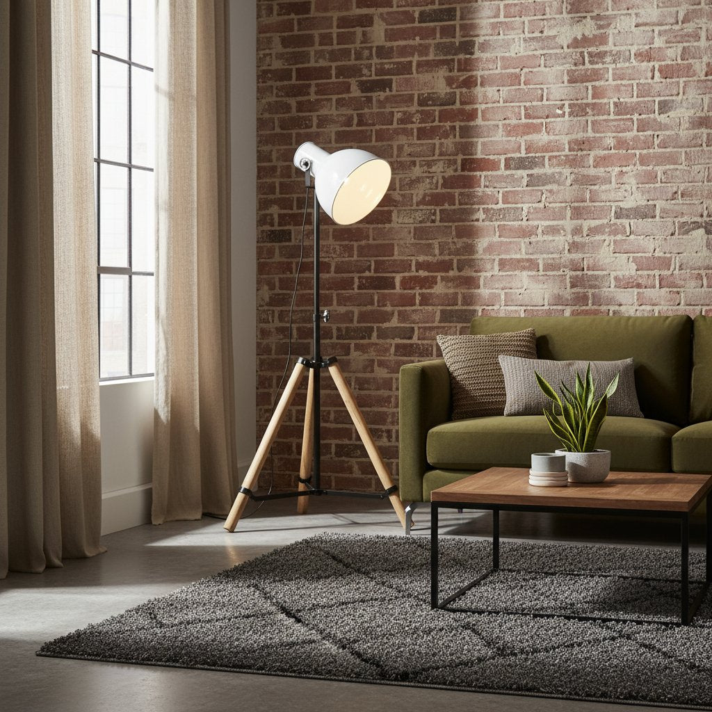 Lampadaire Industriel en Bois et Métal Noir