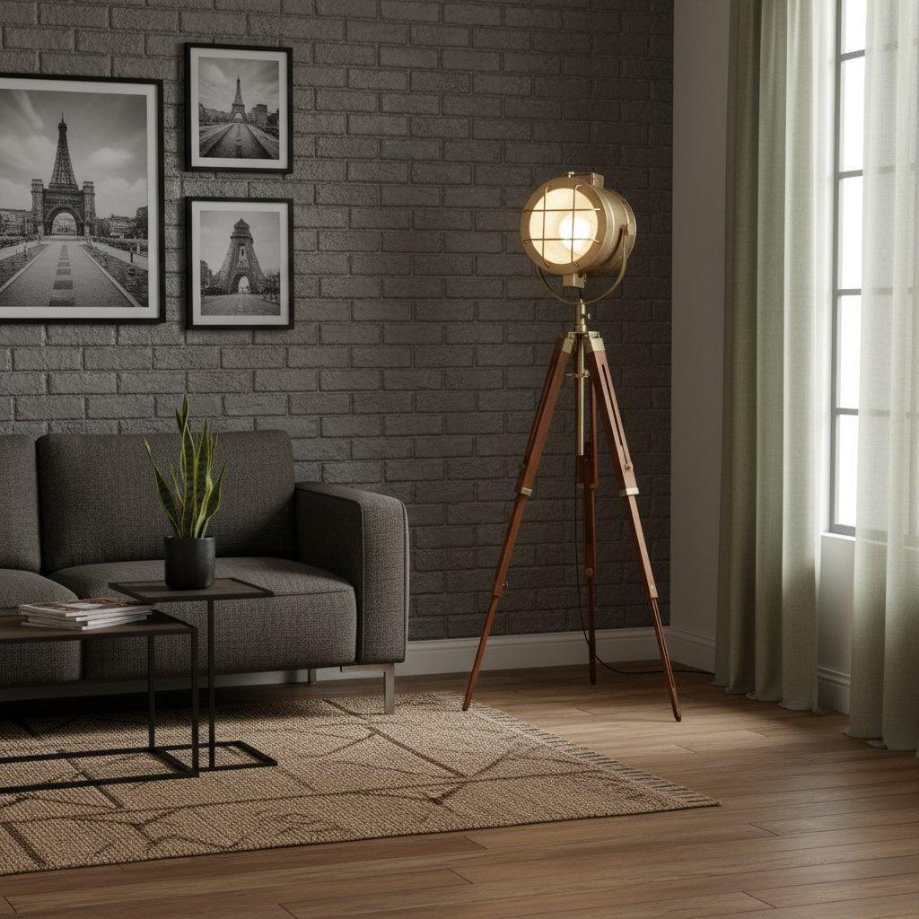 Lampadaire Industriel en Bois et Métal Vintage