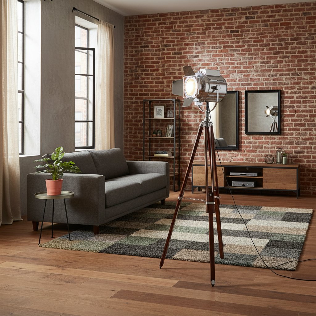 Lampadaire Industriel sur Pieds en Bois et Acier