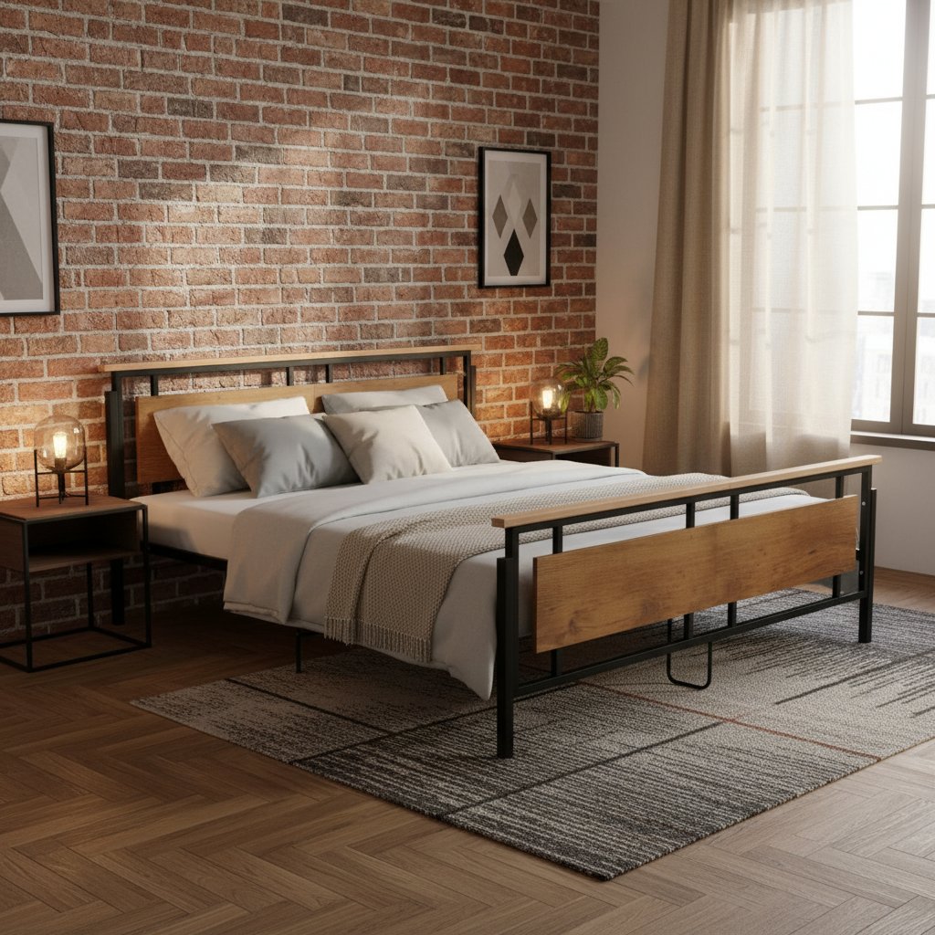 Lit Double au Style Industriel en Métal et Bois