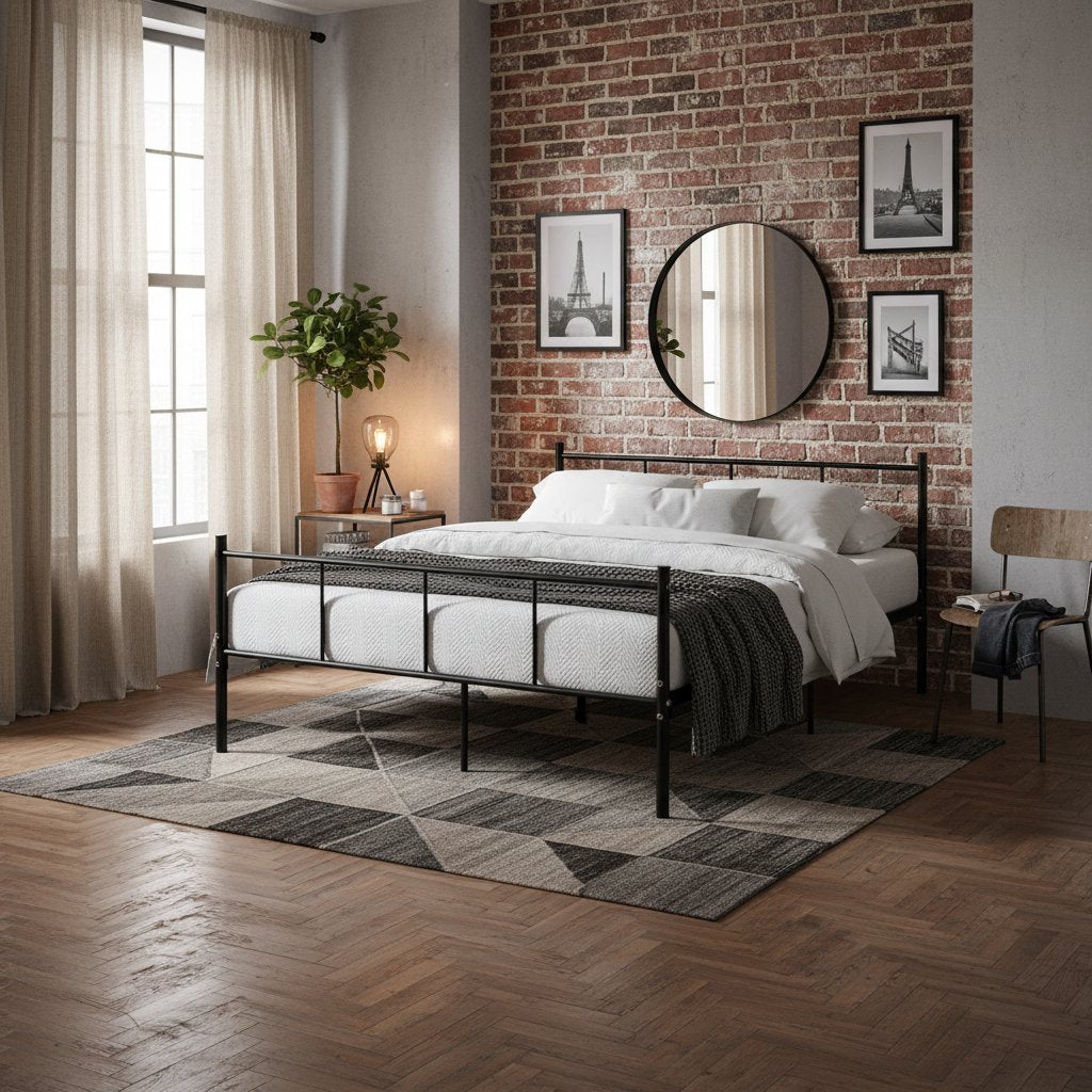 Lit Industriel en Métal Noir 140x200