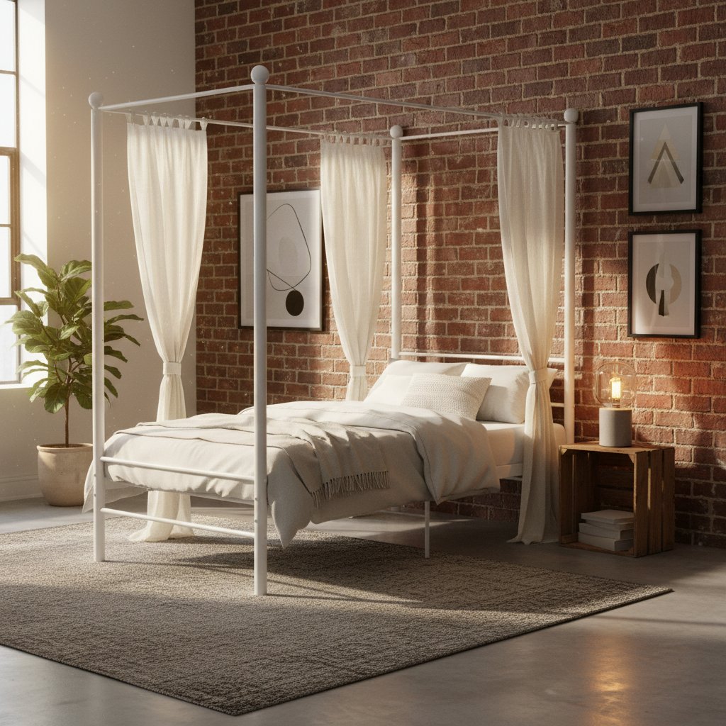 Lit Simple à Baldaquin en Métal Blanc