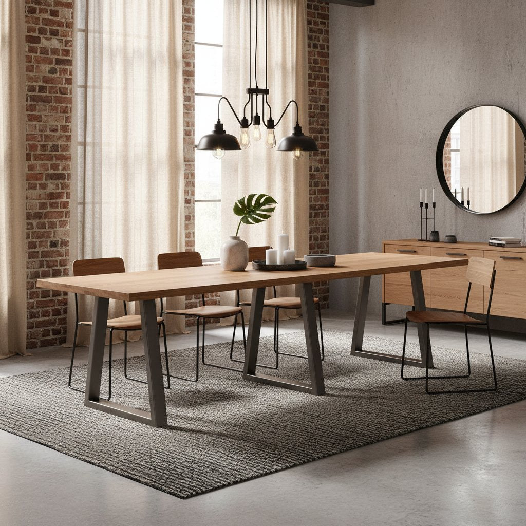 Longue Table Industrielle en Bois Massif et Métal